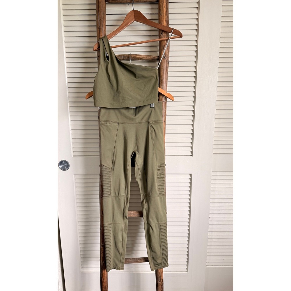 Fabletics Olive Green Moto Leggings and One Shoulder Sports Bra Set - Picture 2 of 5